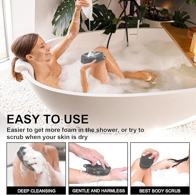 Metene Silicone Exfoliating Body Scrubber with Loop, Body Scrubber for Men and Women, Silicone Loofah for Shower, Soft Silicone for Shower and Bath Skincare Routine (Gray)