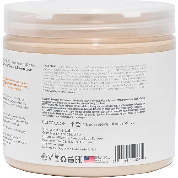 BCL SPA Organic Mandarin and Mango moisture mask for hands, foot mask, and body mask skin care spa treatment, home or professional use with argan oil, olive oil, aloe vera, cucumber, and kelp 16 fl oz