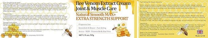 New Zealand Bee Venom Cream, High Strength Recovery Muscle Joint Cream, Natural Organic, Soothe Back, Neck, Hands, Feet, Shoulder, Leg, Knee, Ankle Pain
