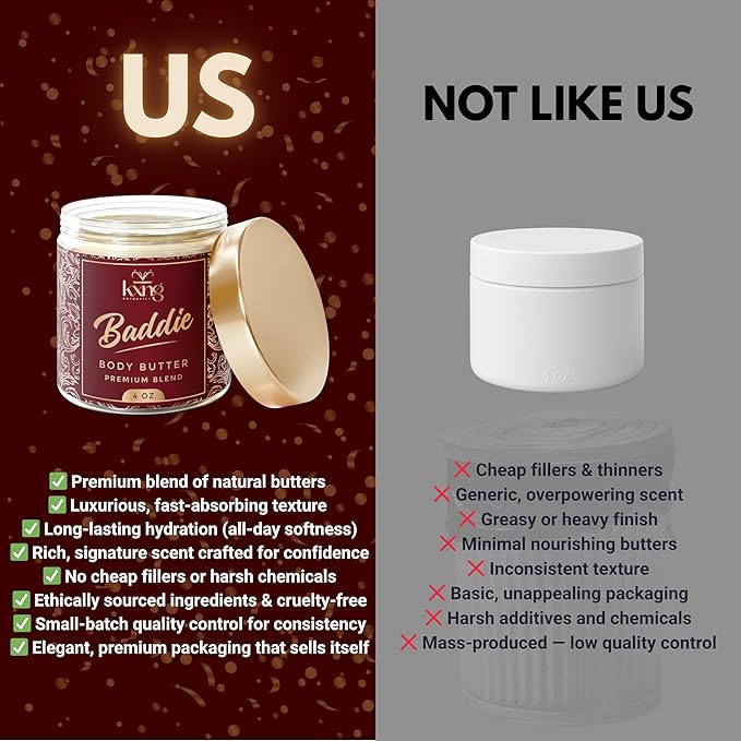 KXNG Cosmetics Organic Shea Body Butter Cream – 4oz | Luxury Moisturizing Cream for Men & Women with Shea, Cocoa & Coconut Oil | Deep Hydration for Dry Skin, Hands & Feet - Baddie