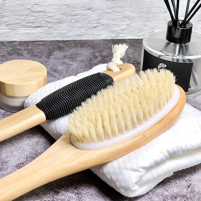 OWIIZI Bath Brush Wooden Curved Long Handle Antiskid Shower Brush for Exfoliating, Natural Bristle Scrubber for Back Use Wet or Dry