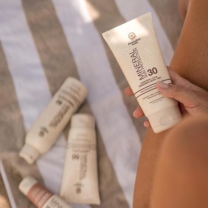 Australian Gold SPF 30 Mineral Sunscreen, 5 fl oz, Broad Spectrum Tinted Sunscreen, Gentle Protection for Every Shade, Vanishing Nude Tint, Blue Light Protection, Zinc Oxide 4% & Titanium Dioxide 4%