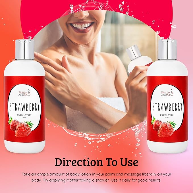 Freida and Joe Scented Body Lotion For Women, Deep Moisturizing Hand Cream, Womens Luxury Stocking Stuffers & Fragrance Gifts That Smell Good, 10oz (Strawberry)