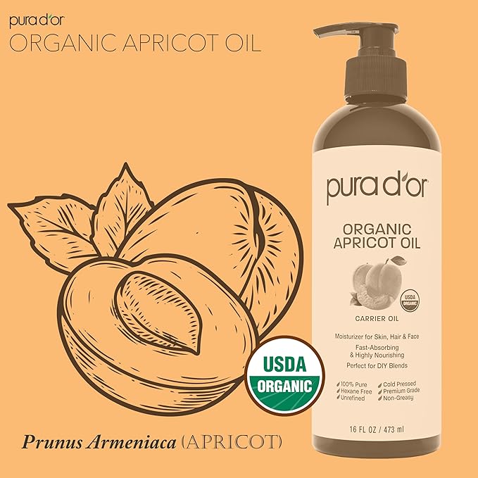 PURA D'OR 16 Oz ORGANIC Apricot Kernel Oil - 100% Pure & Natural USDA Certified Cold Pressed Carrier Oil - Antioxidant & Vitamin E Rich Moisturizer for Natural Glow & Softness - Face, Skin & Hair