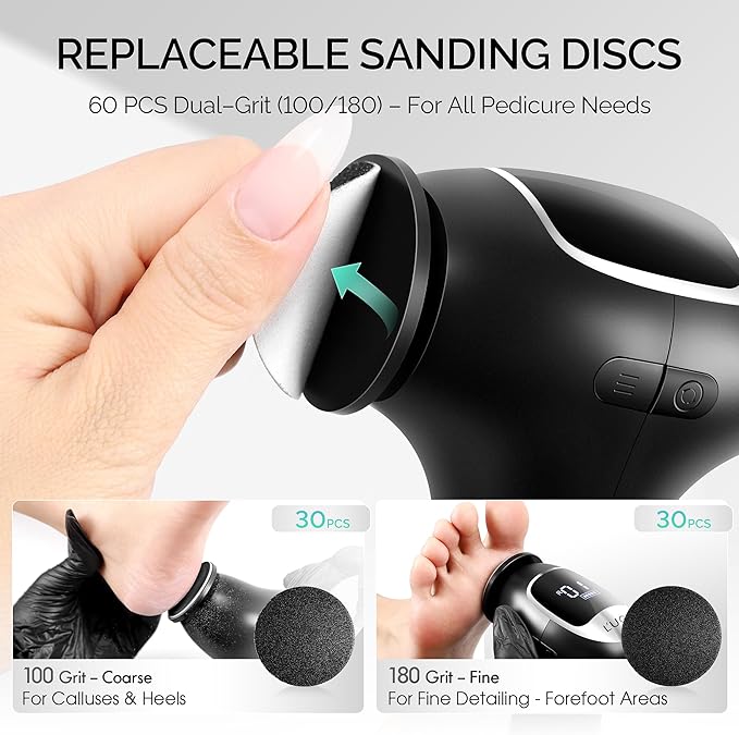 L'UGX Electric Callus Remover for Feet –Powerful 8N·cm Torque Professional Pedicure Foot File, 3-Speed Settings, LCD Display, 60pcs Sandpaper Discs, Type-C Rechargeable, Ergonomic Handle