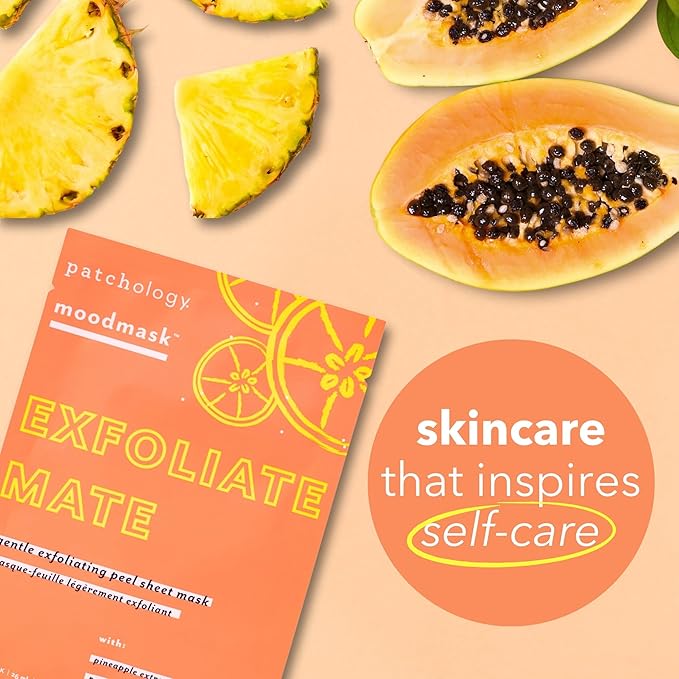 Patchology Exfoliate Mate Face Mask - Exfoliating Facial Sheet Masks w/Papaya & Lactic Acid Serum, Removes Dead Skins & Unclogs Pores for Smooth & Brighter Skin - Ultimate Skincare Solution (4 Count)