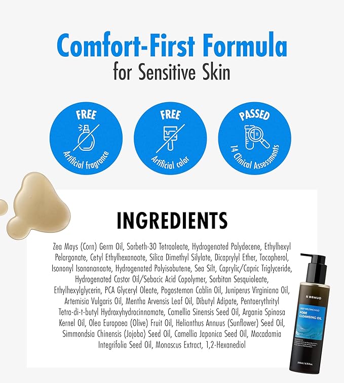 BRMUD Deep Melting Mud Pore Cleansing Oil - Gentle Make Up Facial Oil Cleanser with Boryeong Mud, Sunflower Seed & 7 Fermented Oils - Vegan & Non-Comedogenic Korean Skincare (6.76 fl oz)