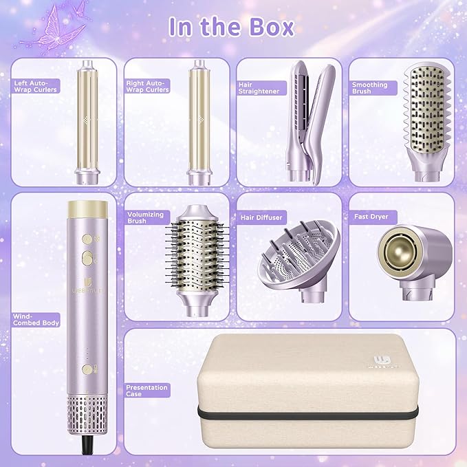 Hair Dryer Brush 8-in-1 Dual Voltage Hot Air Styler – Fast-Drying 110,000 RPM Ionic Blow Dryer with Straightener & Curler Attachments, Frizz-Free Volumizing Styler with Protective Hard Case-Purple