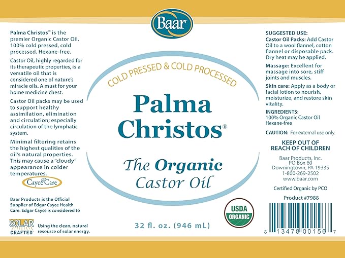 Baar Palma Christos Organic Castor Oil Products, Cold-Pressed, Hexane-Free, USDA Certified, for Skin, Hair, Massage & Castor Oil Packs, 32 oz