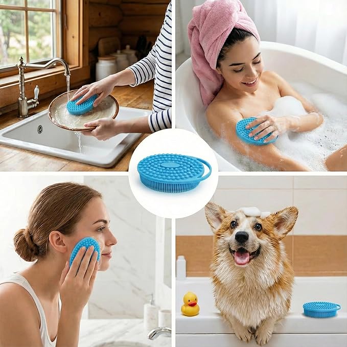3-Pack Silicone Shower Scrubber for Body – Dual-Sided Loofah Brush with Ergonomic Handle, Fast-Drying Exfoliator – Black, Blue, Green