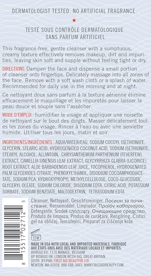 First Aid Beauty Pure Skin Face Cleanser, Sensitive Skin Cream Cleanser with Antioxidant Booster, 5 oz.
