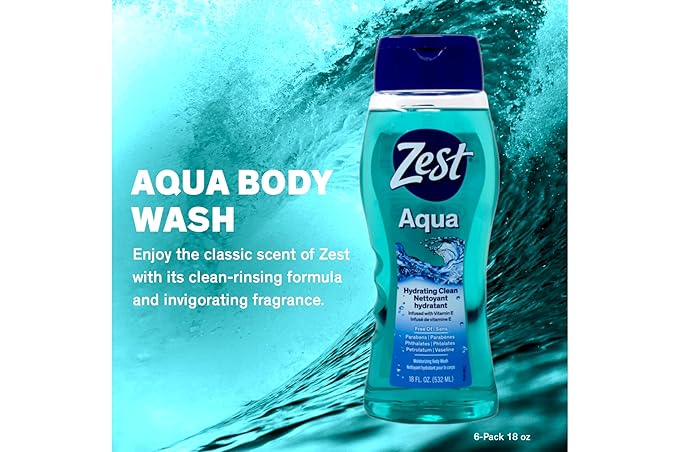 Zest Hydrating Body Wash - Aqua - Moisturizing Body Wash for Men and Women - Bath Soap with Vitamin E - Gentle Paraben Free Formula - 18 oz.