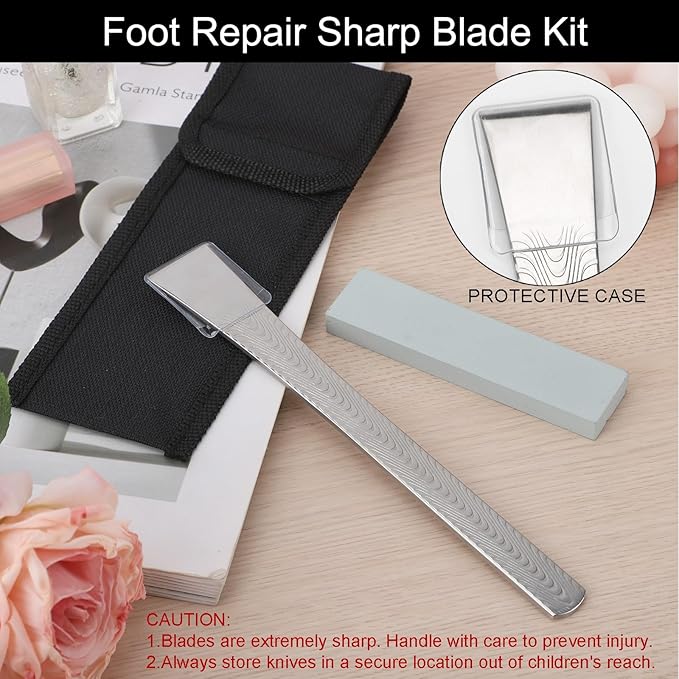 Segbeauty 1pc Stainless Steel Callus Shaver for Feet, Professional Foot Scraper Flat Blade Knife Pedicure Kit, Cuticle Dead Skin Removal for Feet with Whetstone, Toe Callus Remover with Storage Bag