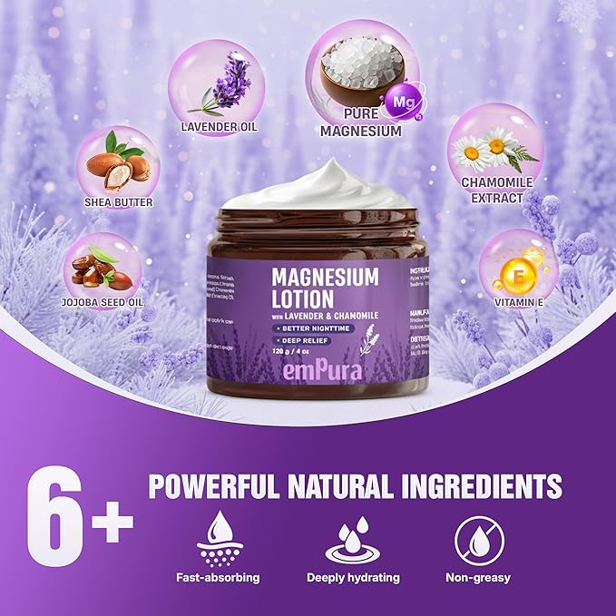 Lavender Magnesium Lotion, Nighttime Magnesium Cream with Chamomile, Shea Butter & Jojoba Oil - Muscle Relief & Relaxation for Legs, Arms, Feet - Christmas Gifts for Women (4oz)