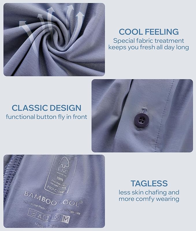 BAMBOO COOL Soft Men's Boxer Shorts 3 Pack,Silk Feeling Underwear for men with Button Fly,Breathable Loose Fit Boxers