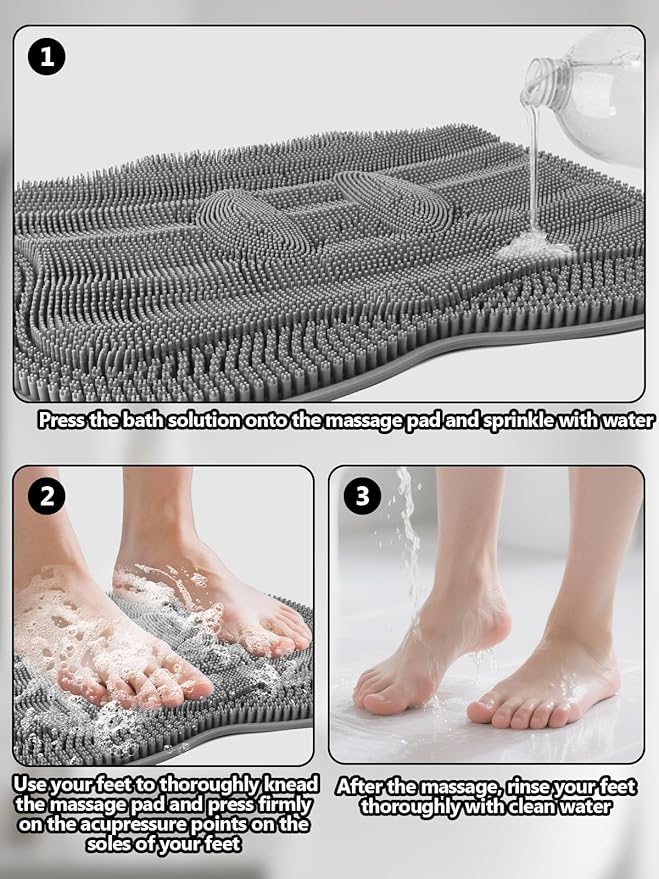 Kalolary Silicone Shower Foot Scrubber Mat, Large Foot Scrubber in Shower with Non Slip Suction Cups Foot Cleaner Brush to Clean Exfoliate and Massage Feet Without Bending Over Easy to Clean (Grey)