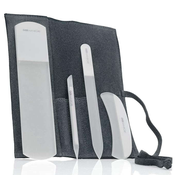 4pcs Manicure Set Genuine Czech Crystal Gray Glass Nail File Moon File Manicure Stick Pedicure Foot Care Bar in Gray Suede by GERmanikure