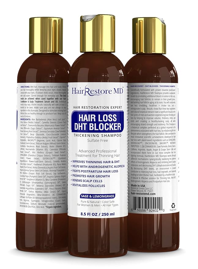 Hair Loss DHT Blocker Shampoo with Sage & Lemongrass, Biotin Volumizing Caffeine Shampoo for Hair Regrowth and Thickness, Sulfate-Free for Men & Women
