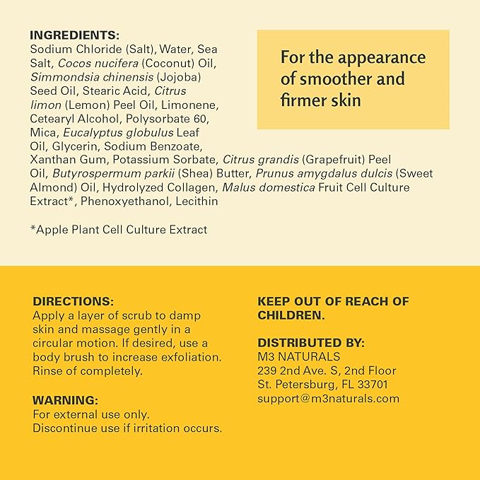 Anti-Cellulite Body Scrub for Skin Tightening, Firming, Moisturizing & Smoothing, Exfoliating Formula for Legs & Glutes with Stem Cells, Collagen, Coconut & Jojoba Oil, 16 OZ, by M3 Naturals