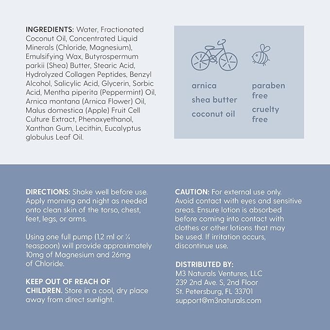 M3 Naturals Sore Muscle Magnesium Lotion for Kids & Magnesium Lotion for Babies with Arnica Oil | Soothes Tired Legs, Supports Restful Sleep, Moisturizes Sensitive Skin, 8 fl oz (237 mL)