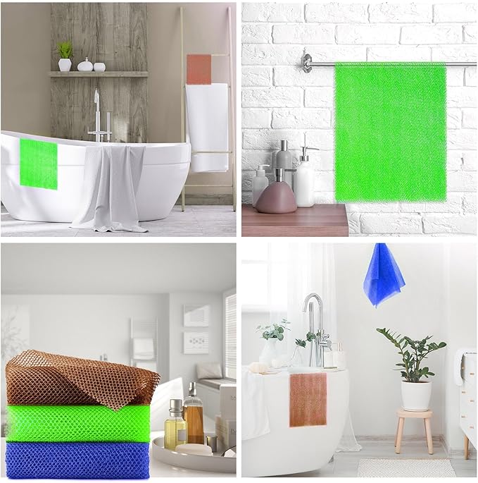 UJFQBH 3 Pieces African Bath Sponge African Net Long Net Bath Sponge Exfoliating Shower Body Scrubber Back Scrubber Skin Smoother,Great for Daily Use (Brown、Blue、Green)