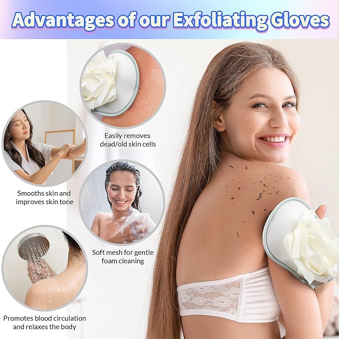 Deep Exfoliating Mitt 2PCS: Double-Sided Glove for Shower, with Long Exfoliating Shower Towel - Extreme Body & Back Scrubber Exfoliator, Body Massage Scrub & Bath Shower Loofah Washcloth (Blue)