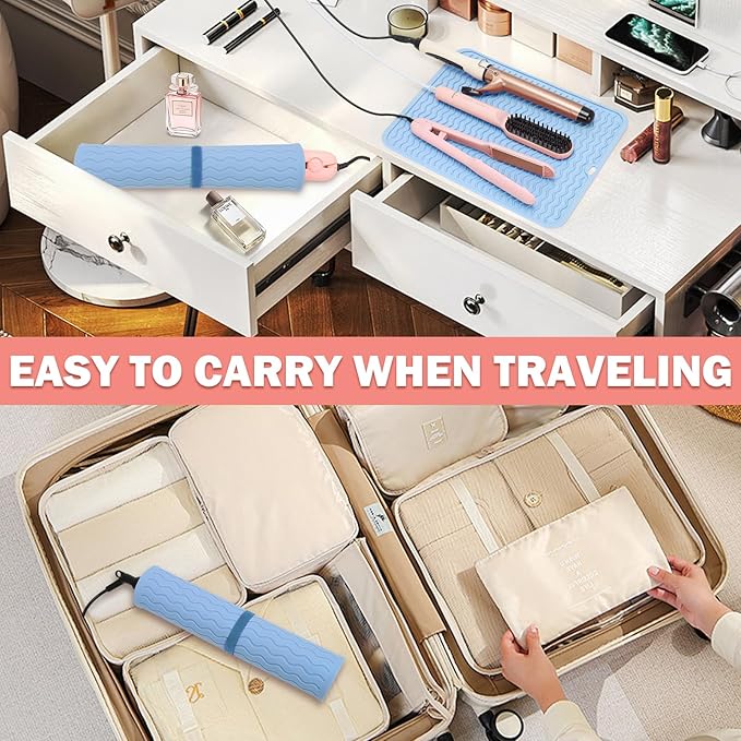 Oversize Silicone Heat Resistant Mat for Curling Irons, Hair Straighteners, Flat Irons and Hot Hair Styling Tools, Portable Wrap Pad Cover for Vanity, Travel, Salon(14.2" x 11.0")