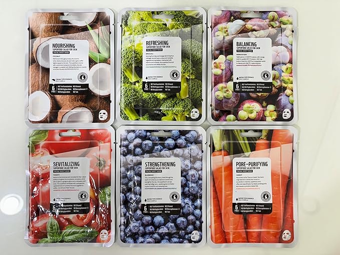 FARMSKIN Superfood Salad Sheet Mask Set of 6 | Korean Face Mask Sheets w/Mangosteen, Broccoli, Carrot, Coconut, Blueberry & Tomato | Refreshing, Nourishing & Cruelty-Free Face Mask Skincare Set