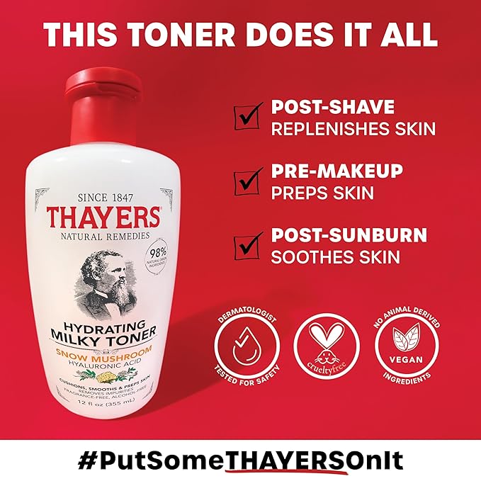THAYERS Milky Hydrating Face Toner with Snow Mushroom Tremella, Hyaluronic Acid and Elderflower, Dermatologist Recommended Gentle Alcohol Free Skincare for Dry & Sensitive Skin, Paraben Free, 3 Fl Oz