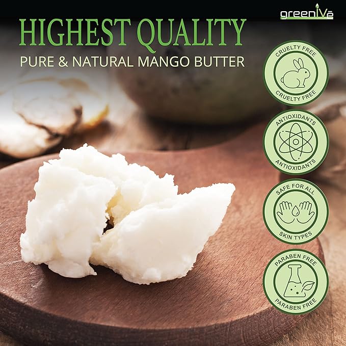 GreenIVe Deodorized Mango Butter Chuncks 100% Pure Raw Unrefined Natural Creamy Skin Hair Moisturizer Hydrating Body Butter Lotion Lip Balm Soap Making DIY Cosmetics Whipped Creams Food Grade 8oz