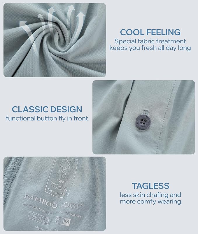 BAMBOO COOL Soft Men's Boxer Shorts 3 Pack,Silk Feeling Underwear for men with Button Fly,Breathable Loose Fit Boxers