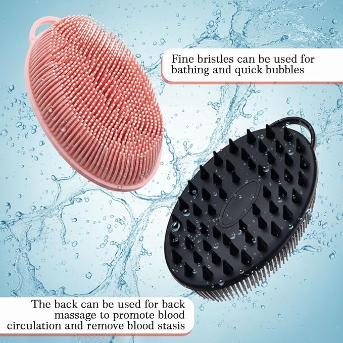 2 Pack Zinc Infused Silicone Body Scrubber for Shower, 2 in 1 Loofah Brush with Massage Nodes for Body Exfoliator, Hygienic, Blood Circulation, Black and Pink