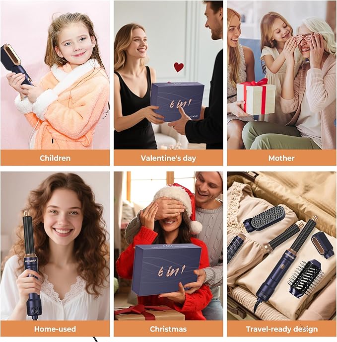 Blow Dryer Brush Set of 6 in 1, Air Curling Iron 3 Temperature Negative Ionic Hair Dryer Brush, Hot Air Brush Hair Styling Tools, 800W Volumize Straightener Round Brush Blow Dryer 100-120V