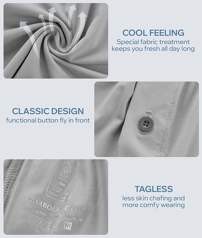 BAMBOO COOL Soft Men's Boxer Shorts 3 Pack,Silk Feeling Underwear for men with Button Fly,Breathable Loose Fit Boxers