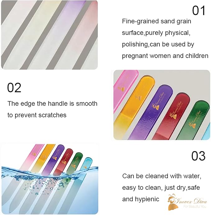 6 Pack Crystal Glass Finger nail File with PU Leather Bag, Professional Czech Glass acrylic Nail File & Nail Buffers, Nail File for Shiny, Natural & Acrylic Nails, Nail Care Tools Gifts by INOVEX Diva