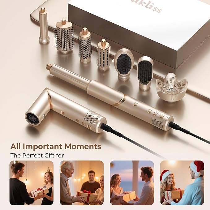 Ukliss 8 in 1 Hair Dryer Brush & Multi Hot Air Styler–Foldable 110,000 RPM Blow Dryer Brush Tool Set with Diffuser Auto-Wrap Curler for Fast Drying Curling Straightening Hair Daily Styling (1.25'')