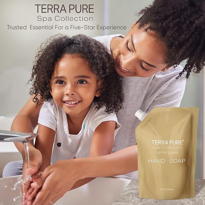 Terra Pure Spa Collection 1 Liter Hand Wash Refill Bag For Soap Dispensers | Bulk Toiletries for Vacation Rentals, and Home Bathroom Showers | Green Tea Lemongrass | Set of 12