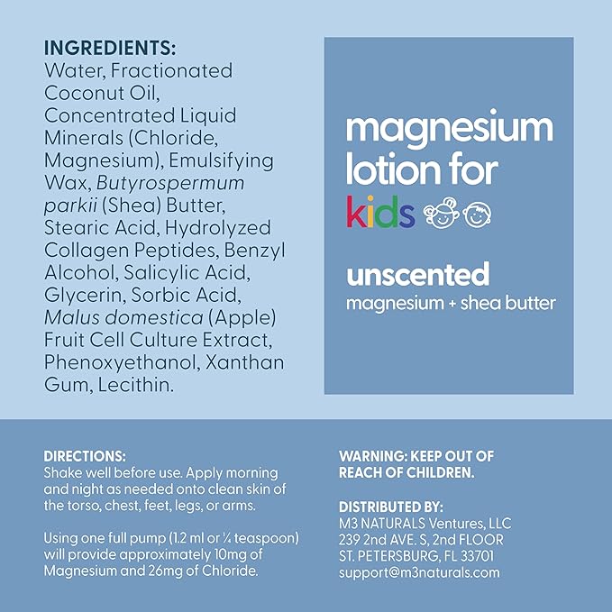 M3 Naturals Magnesium Lotion for Kids & Babies with Sensitive Skin | Unscented Formula Soothes Tired Legs, Supports Restful Night’s Sleep, Moisturizes & Hydrates Skin, 8 fl oz (237 mL)