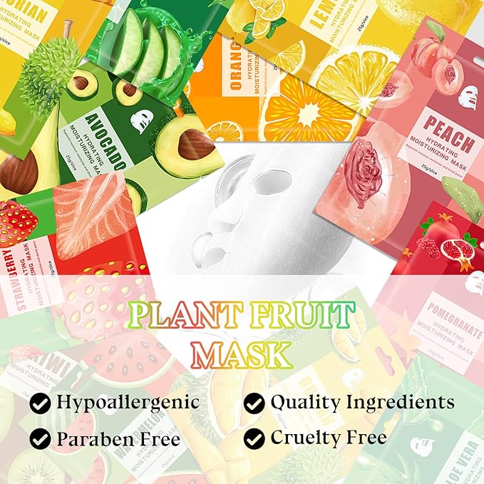 10PCS Hydrating Face Masks,Moisturizing Facial Masks for Women and Men,Fruit Overnight Facial Sheet Mask,Lightweight and Non-greasy Face Sheet Mask for All Skin Type 02