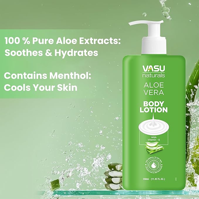 Vasu Naturals Aloe Vera Body Lotion with Vitamin E for dry skin, Lightweight face moisturizer, hand cream for extremely dry skin, lotion for women, lotion for men -11.83 fl oz each (Pack of 2)