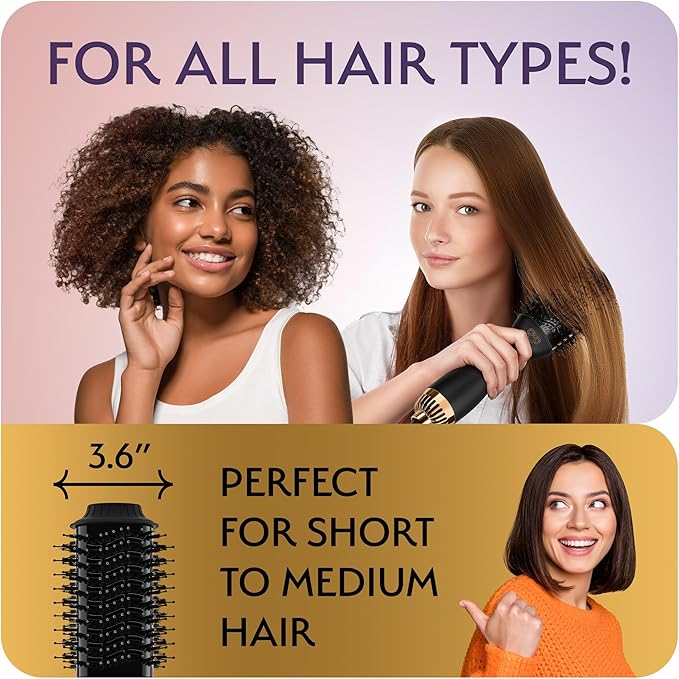 Professional Dual Voltage Blowout Hair Dryer Brush for European Travel 110V-120V/220V-240V, Black Gold Dryer and Volumizer, Hot Air Brush for Women, 2.4 INCHES Oval Shape