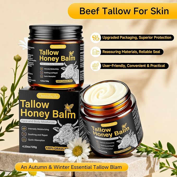 Beef Tallow Honey Balm for Skin,Face,Body - Handmade Whipped Cream Face Moisturizer with 100% Narural Organic Grass-Fed Beef Tallow & Raw Honey - Balm For Dry, Sensitive Skin - Unscented,4.23OZ