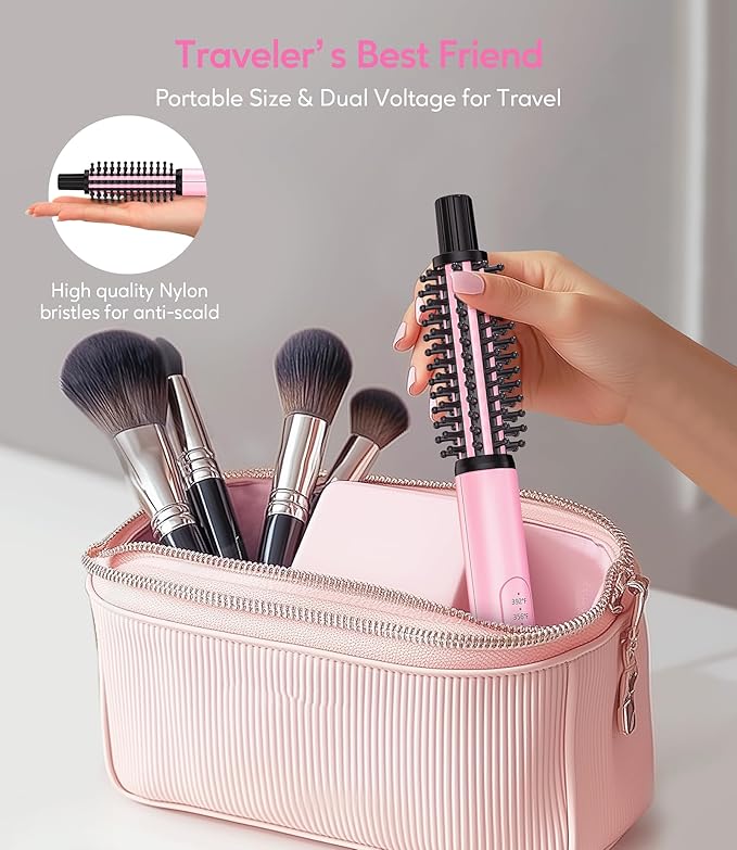 Farery Mini Thermal Brush 3 Temperature Adjustable, 3/4 Inch Travel Curling Iron for Short Hair, Heated Round Brush for Touch ups and Small Curls, Travel Size Curling Wand, Dual Voltage, Pink