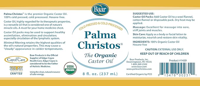 Baar Palma Christos Organic Castor Oil, Cold-Pressed, Hexane-Free, USDA Certified, for Skin, Hair, Massage & Castor Oil Packs, Glass Amber Bottle, 8 oz.