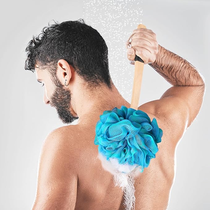 Loofah on a Stick PE Soft Mesh Luffa with Non-Slip Wooden Handle Made of Soft and Sturdy Rubber Material Back Scrubber for Shower for Women and Men with String for Easy Hanging(Green Blue)