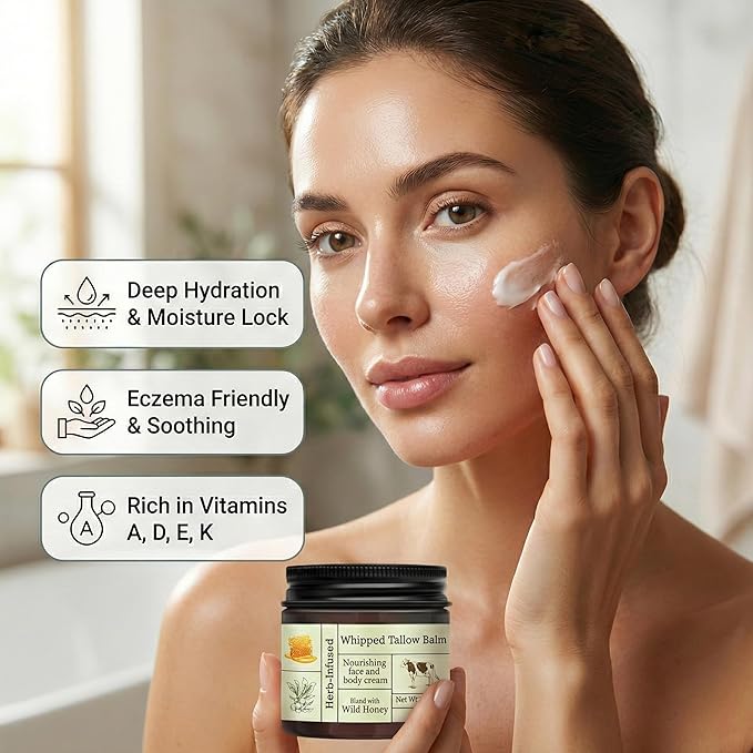 2PCS Organic Grass-Fed Beef Tallow Balm with Raw Honey, Whipped Tallow Face & Body Cream, Natural Moisturizing Tallow Balm, Hydrating Organic Skin Care for Dry, Sensitive & Mature Skin