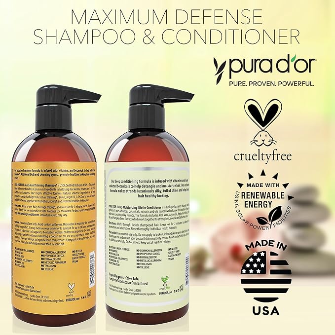 PURA D'OR MD Anti-Thinning Biotin Shampoo & Conditioner Set (16oz x2) Maximum Defense Coal-Tar Strong Scented Hebal Blend Hair Thickening Products For Women & Men, Daily Shampoo For Scalp Health