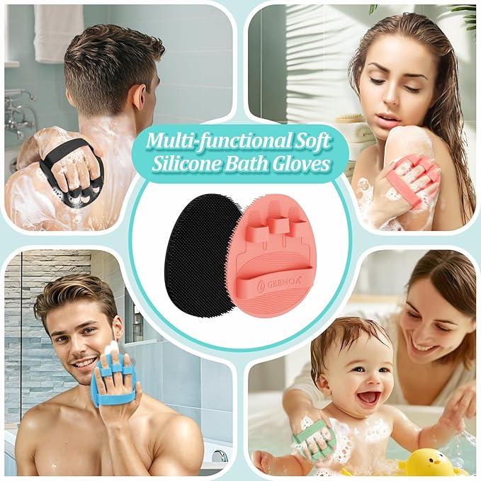 Upgrade Silicone Bath Glove 2PCS, 360° Anti-Slip & Enlarged Silicone Body Scrubber for Rich Foam Deep Cleaning, Revolutionary No-Grip & Hand-fit Shower Scrubber for All Skin Types(Black+Pink)