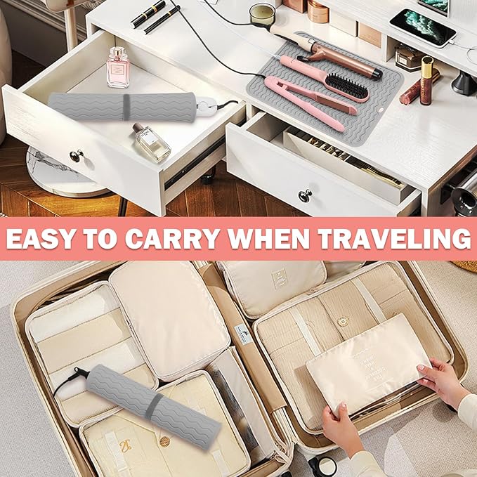 Oversize Silicone Heat Resistant Mat for Curling Irons, Hair Straighteners, Flat Irons and Hot Hair Styling Tools, Portable Wrap Pad Cover for Vanity, Travel, Salon(14.2" x 11.0")