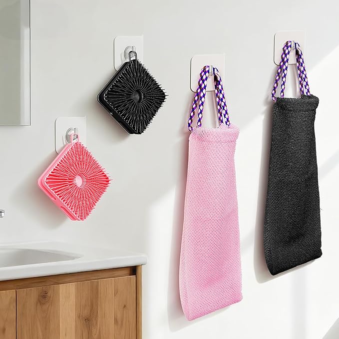 Manmihealth Dual-Sided Silicone Body Scrubber Scalp Massager & African Bath Sponge Net Set, 2-in-1 Silicone Shower Shampoo Brush Africa Wash Net Combination, Lather Well,Strong Exfoliating(Black+Pink)